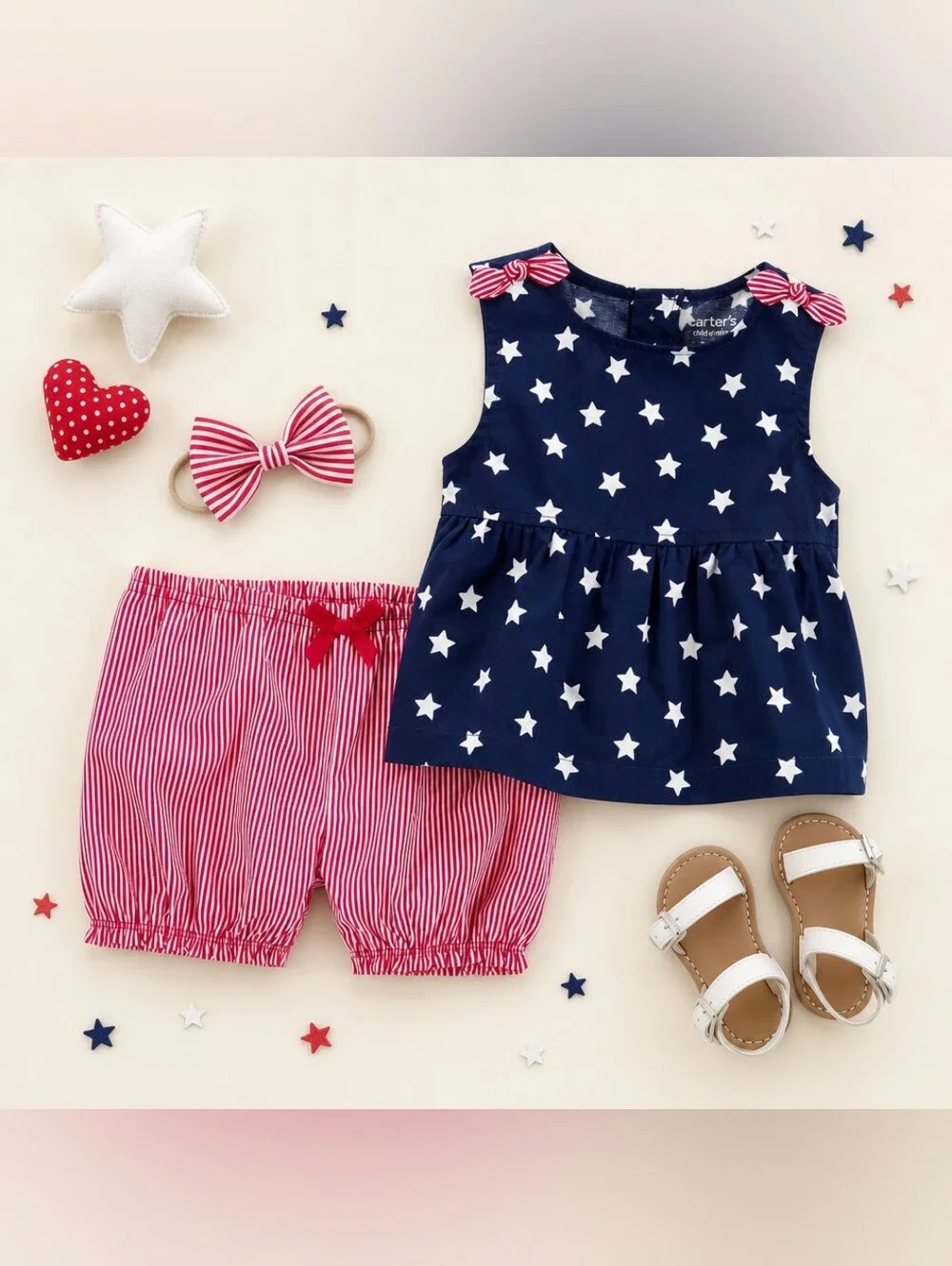 Carter's Navy Star Peplum Top with Red & White Stripe Shorts Set